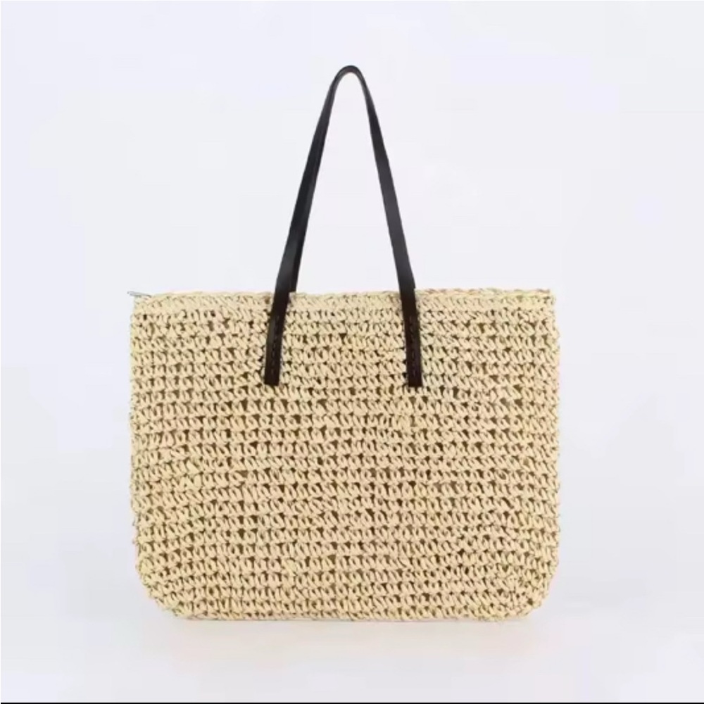 Woven Straw Tote Bag with Black Handles